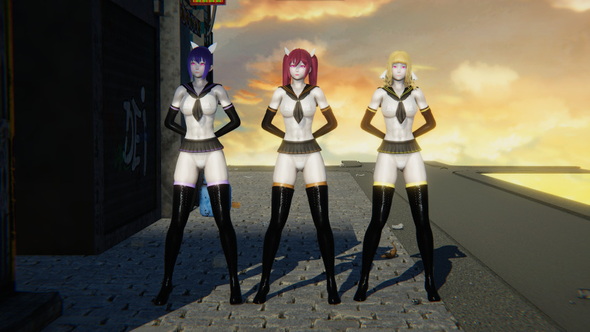 3d abs arms_behind_back blonde_hair blush boots expressionless female_only femsub gloves glowing grey_skin honey_select_2 large_breasts long_hair looking_at_viewer lvlilith micro_bikini miniskirt multiple_girls multiple_subs navel opera_gloves pink_eyes ponytail purple_hair red_hair ribbon school_uniform skirt standing standing_at_attention text thigh_boots thighhighs thong trapped twintails