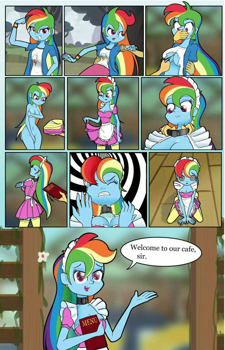 blue_skin bottomless breasts cleavage collar comic covering dialogue electricity equestria_girls female_only feminization femsub happy_trance kneeling long_hair maid maid_headdress manip multicolored_hair my_little_pony nude ohohokapi open_mouth personification pink_eyes rainbow_dash smile spiral spiral_eyes stepfordcrimson_(manipper) symbol_in_eyes tech_control text topless