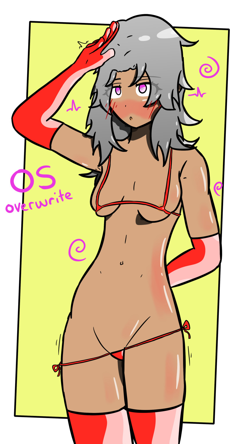 alternate_costume bare_shoulders bikini bikini_bottom bikini_top blush breasts dark_skin elma_(xenoblade) english_text eye_color_change female_only femsub gloves grey_hair illumina long_hair midriff navel nintendo opera_gloves pink_eyes saluting simple_background spiral text thighhighs xenoblade_chronicles xenoblade_chronicles_x