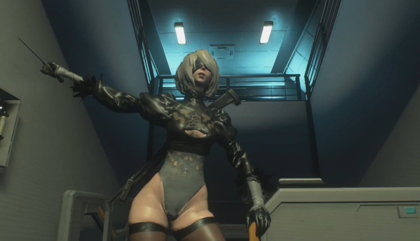 3d blindfold breasts cleavage cleavage_cutout dead_source female_only gloves knife leotard nier_automata rermodv resident_evil_3_remake short_hair solo standing thighhighs video_game weapon white_hair yorha_no._2_type_b