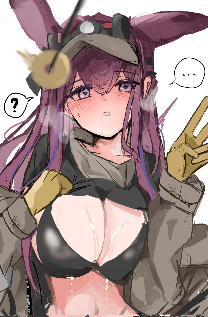 arknights blush breasts breasts_outside breath bunny_ears bunny_girl confused exposed_chest femsub gloves jacket long_hair pendulum purple_eyes ray_(arknights) speech_bubble sunaneko sweat v