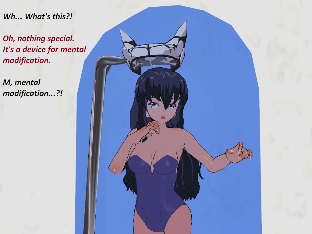 3d blue_eyes blue_hair cleavage corset flamekin hair_color_change hair_growth long_hair mechanical_arm nail_polish stasis_tank tech_control text visor