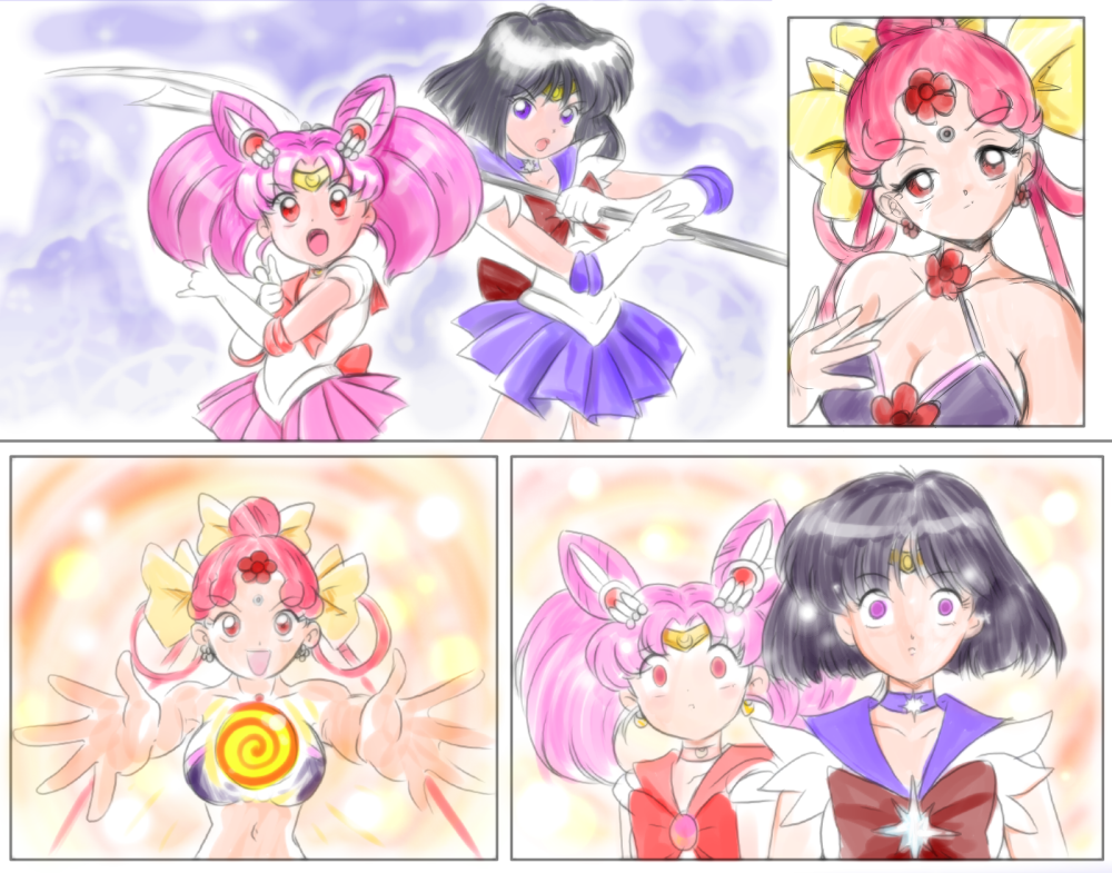 angry blush breasts cerecere choker circlet cleavage comic dress earrings empty_eyes expressionless eyebrows_visible_through_hair female_only femsub flower gloves hair_ornament headdress jewelry large_breasts loli magic multiple_girls multiple_subs navel p.chronos purple_eyes red_eyes ribbon sailor_mini_moon sailor_moon_(series) sailor_saturn short_skirt shrunken_irises skirt smile smug sparkle spiral staff thighs twintails uniform weapon