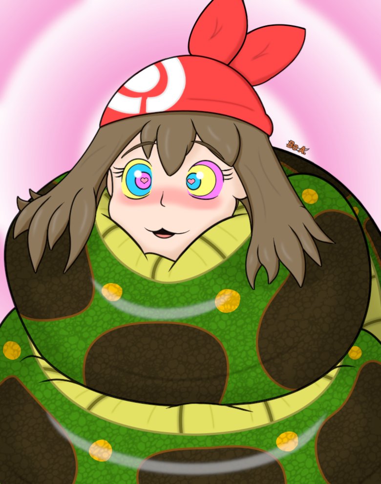 bandana blush bo_a_python_(kaafan33) brown_hair coils femsub heart heart_eyes kaa_eyes kaafan33 long_hair may nintendo open_mouth original pokemon pokemon_ruby_sapphire_and_emerald restrained signature simple_background smile snake spiral_background symbol_in_eyes