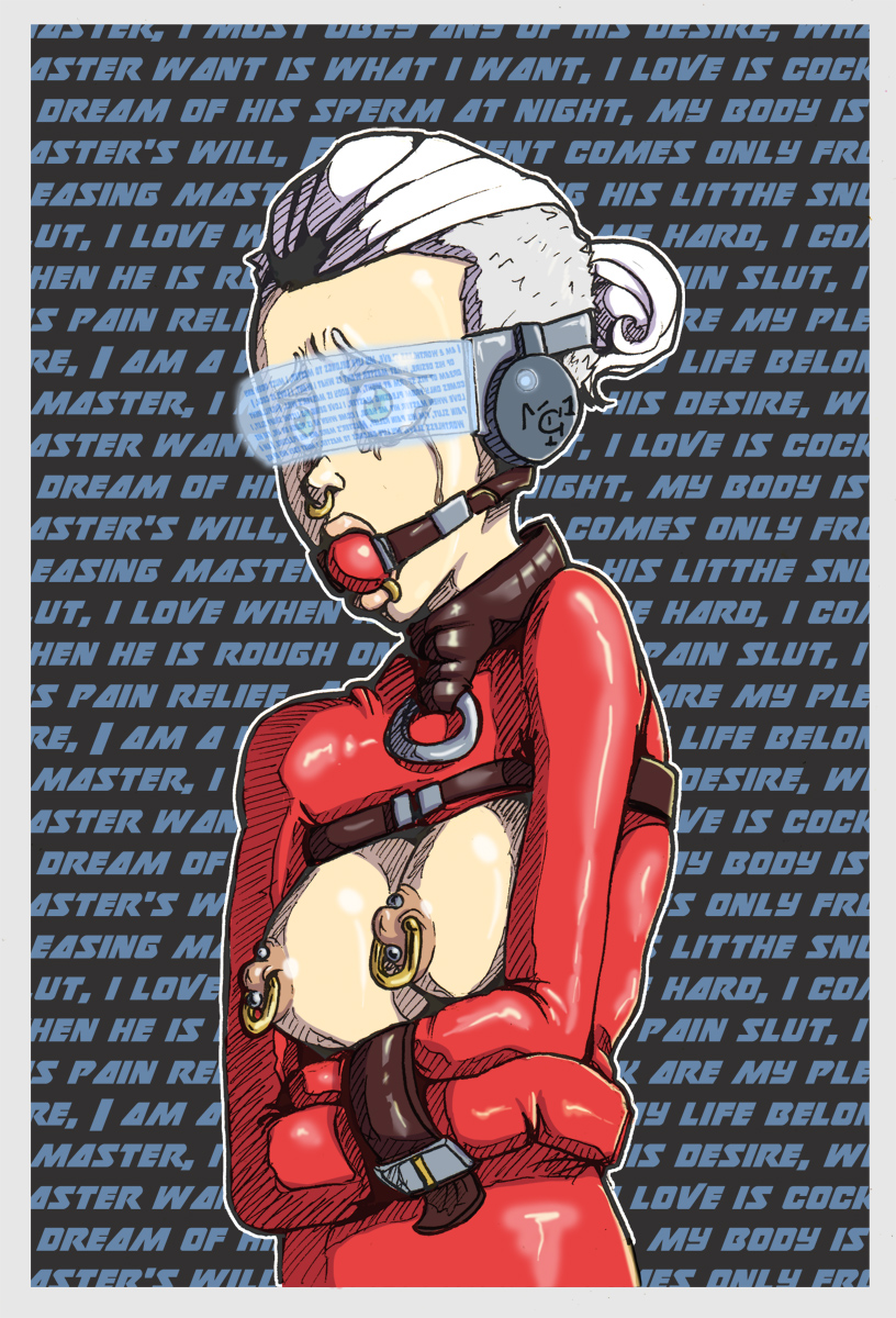 blue_eyes bondage breasts collar darkminou femsub nipple_piercing nose_ring piercing rubber straitjacket tears tech_control text topless unhappy_trance visor white_hair