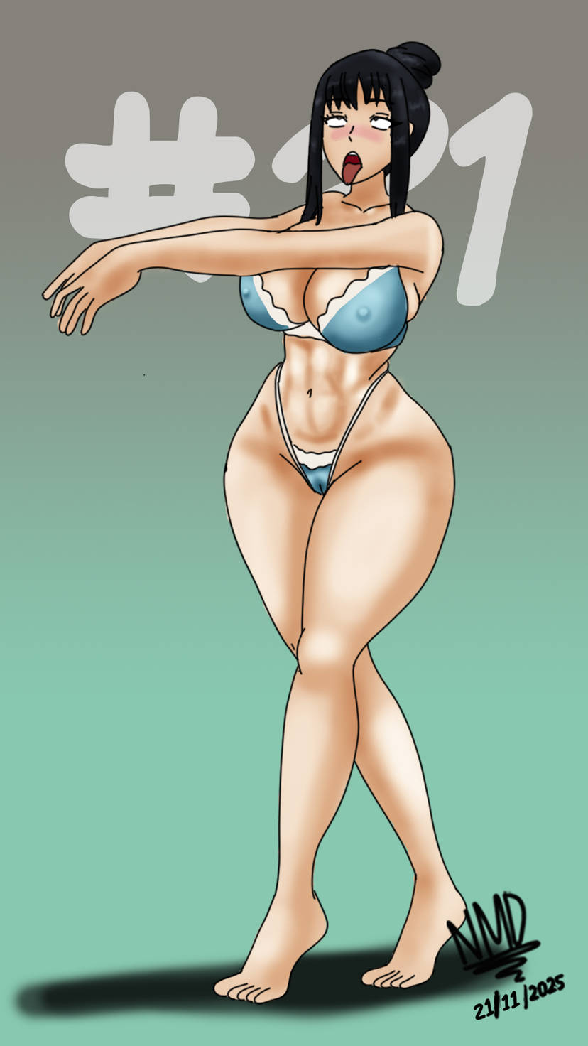 abs ahegao bangs barefoot black_hair blush bra cameltoe collarbone crossed_eyes erect_nipples erect_nipples_under_clothes eye_roll feet female_only femsub gradient_background hypnovember midriff navel nominddetected open_mouth shrunken_irises signature simple_background single_hair_bun thong tongue tongue_out zombie_walk