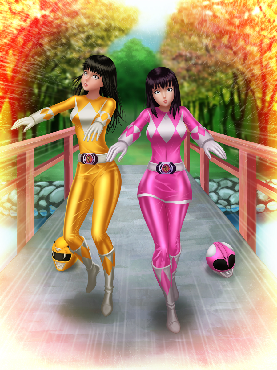 black_hair bodysuit breasts female_only femsub hamotilok kimberly_ann_hart large_breasts long_hair mighty_morphin_power_rangers multiple_girls multiple_subs power_rangers shrunken_irises trini_kwan zombie_walk