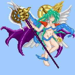 alternate_form alternate_hairstyle bare_legs bare_shoulders barefoot blue_background breast_expansion breasts character_request cleavage corruption enemy_conversion femsub final_fantasy final_fantasy_vi floating fusion green_hair hair_growth horns large_breasts legs long_hair midriff naked_ribbon navel no_eyes ooban orb pixel_art sephirot_the_fiend sophia_the_goddess square_enix staff terra_branford thighs weapon wings zurvan_the_demon