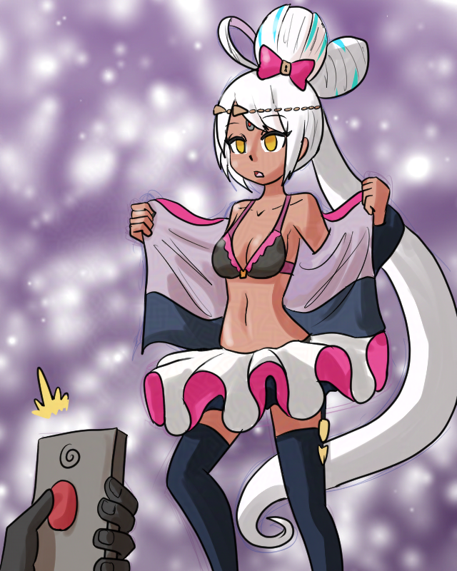 androgynous_dom bare_shoulders black_skin bra breasts character_request cleavage cygames dark_skin drool empty_eyes femsub keyana_(world_flipper) microchip midriff mythkaz navel open_clothes open_mouth open_shirt ponytail remote_control spiral tagme tech_control thighhighs thighs undressing very_long_hair white_hair world_flipper