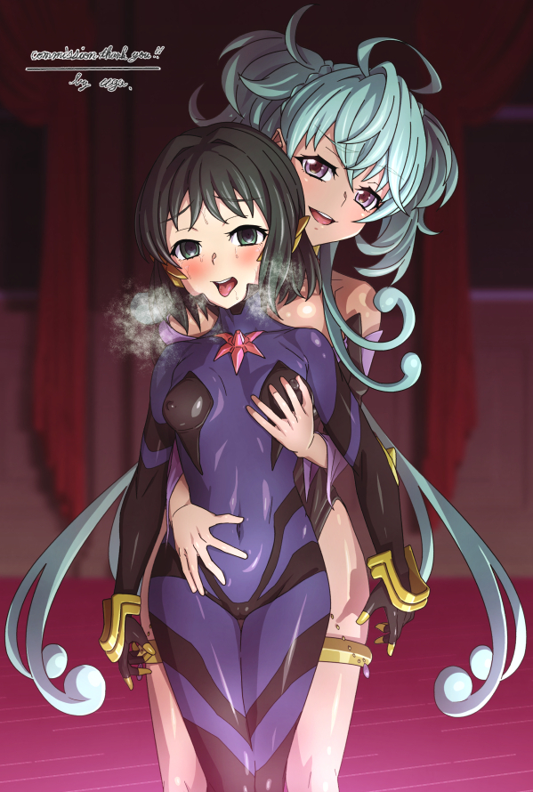 bare_shoulders black_eyes black_hair blue_hair blush bodysuit cagliostro_(symphogear) empty_eyes erect_nipples female_only femdom femsub groping hair_ornament light_skin miku_kohinata open_mouth purple_eyes senki_zesshou_symphogear short_hair signature standing sweat tongue tongue_out uganda very_long_hair
