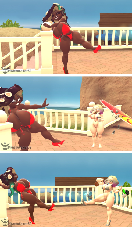 aware bare_breasts bare_legs bare_shoulders barefoot bikini bikini_bottom bikini_top body_control breasts female_only femsub high_heels living_costume marina_(splatoon) multiple_girls multiple_subs nintendo nude pearl_(splatoon) pikachugamer52 pussy splatoon splatoon_2 splatoon_3 thong