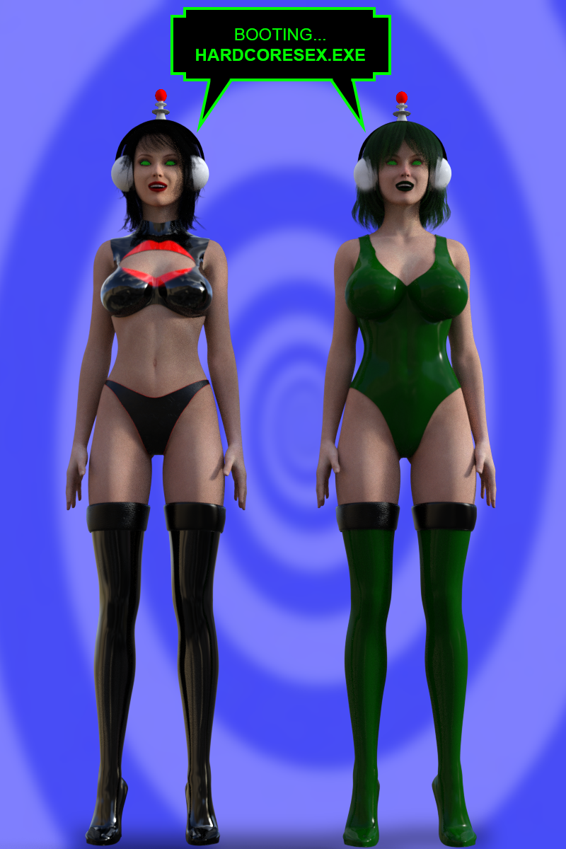 3d antenna black_hair dialogue female_only fembot femsub green_hair happy_trance headphones high_heels kathy_(theheckle) kisstress_(theheckle) latex midriff one-piece_swimsuit original robotization spiral spiral_eyes standing standing_at_attention swimsuit symbol_in_eyes tech_control text theheckle thighhighs