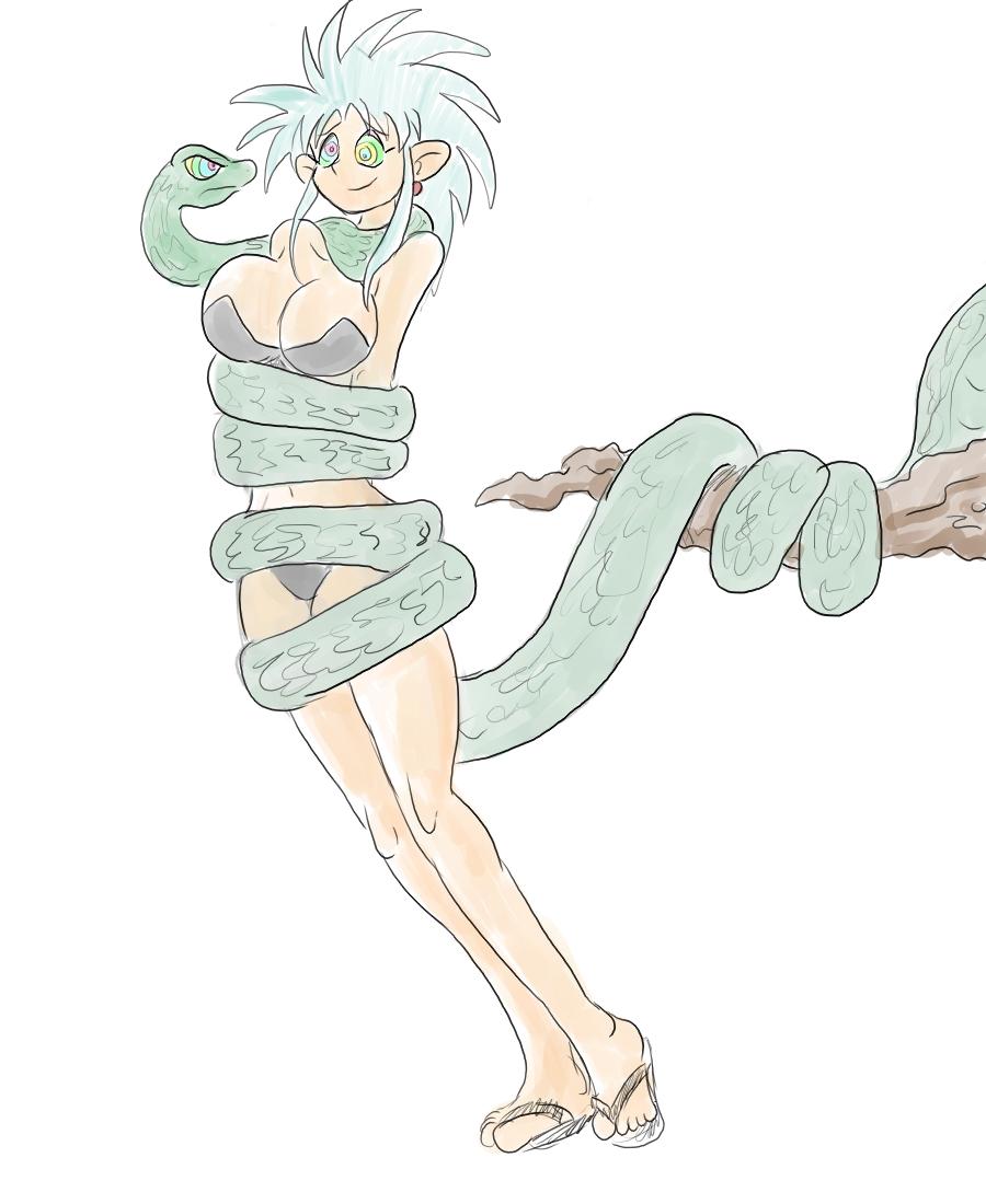 arms_behind_back bare_legs barefoot bikini coils cyan_hair dazed earrings femsub happy_trance hypnotic_eyes jewelry kaa_eyes ryoko_hakubi sandals simple_background snake tenchi_muyo!