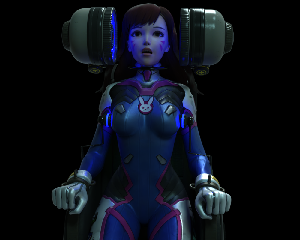 3d bodysuit bondage breasts brown_eyes brown_hair chair corruption cuffs d.va daz_studio dazed face_paint female_only femsub gloves glowing hypnovideotoo long_hair open_mouth overwatch simple_background sitting solo tech_control