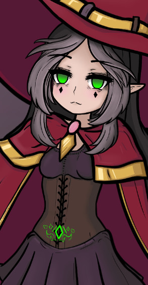 blush cape clothed corset crotch_tattoo dress elf elf_ears empty_eyes eyebrows_visible_through_hair female_only femsub glowing green_eyes grey_background grey_hair jewelry long_hair looking_at_viewer original skirt small_breasts solo symbol velka_(velkahypno) velkahypno witch_hat
