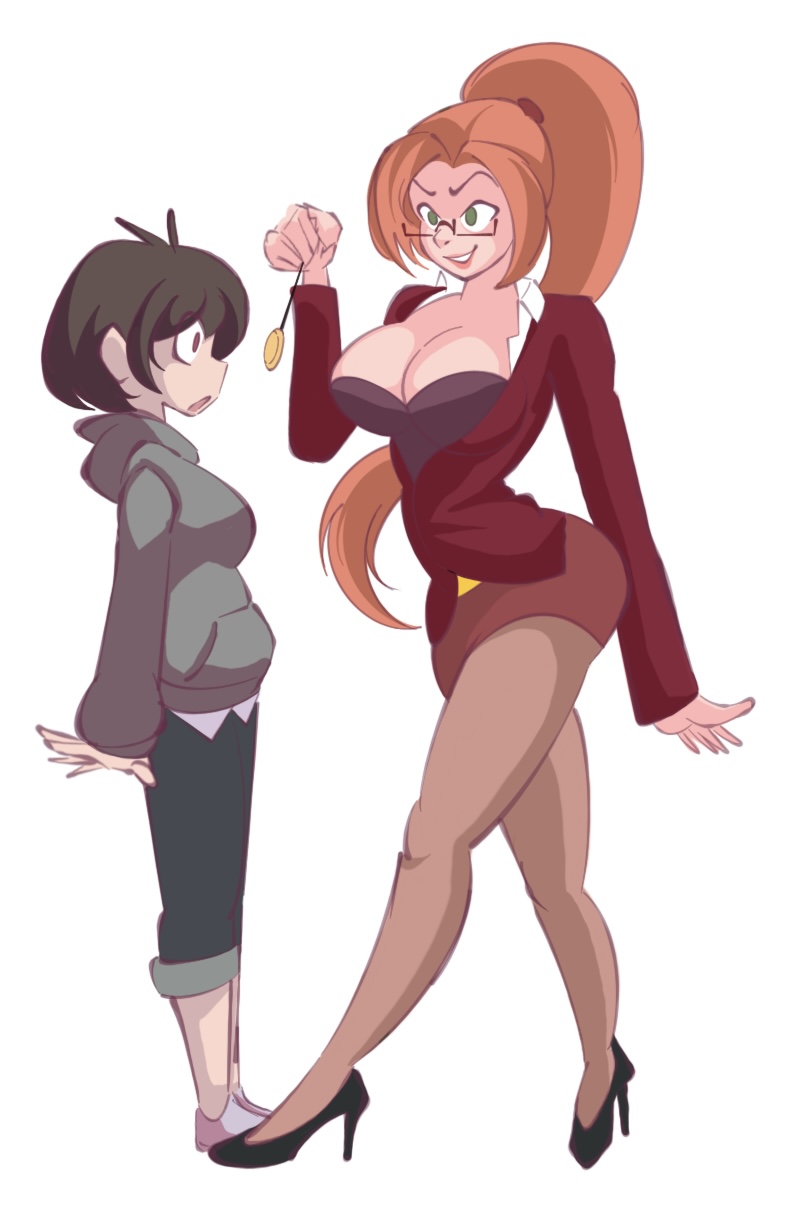 black_hair breasts cleavage drool eir-chi_prowtag_(electrickronos) femdom femsub large_breasts long_hair mrs._erickson_(zko) orange_hair original pantyhose pendulum ponytail short_hair smile sodapop suit