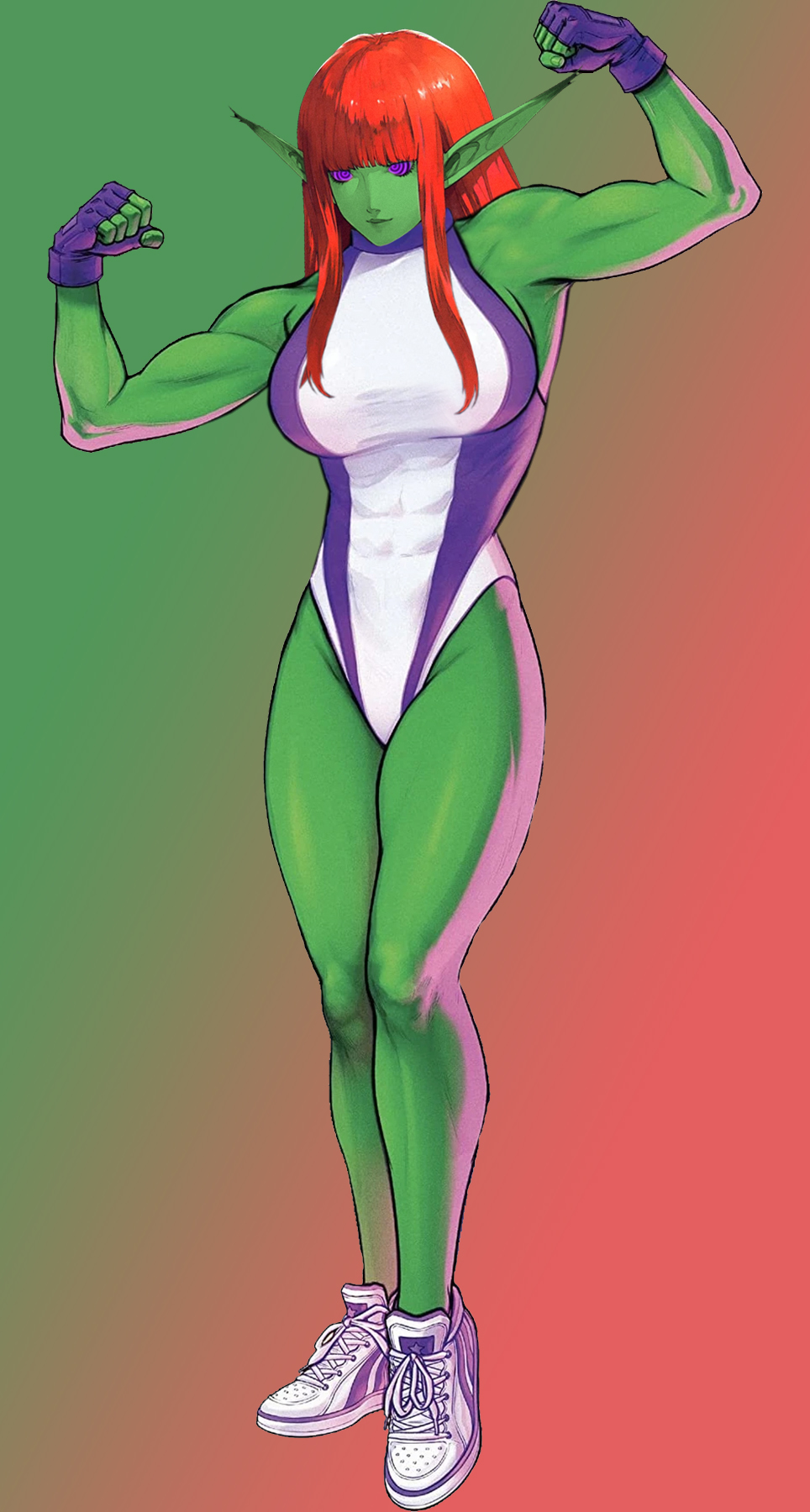 bangs bare_legs cosplay eiselin_burchelli_meijal_hulkenberg elf_ears female_only femsub fingerless_gloves gloves green_skin happy_trance humor leotard manip marvel_comics metaphor:refantazio muscle_girl posing purple_eyes red_hair she-hulk sleepyhead97_(manipper) sneakers spiralwash_eyes standing straight-cut_bangs