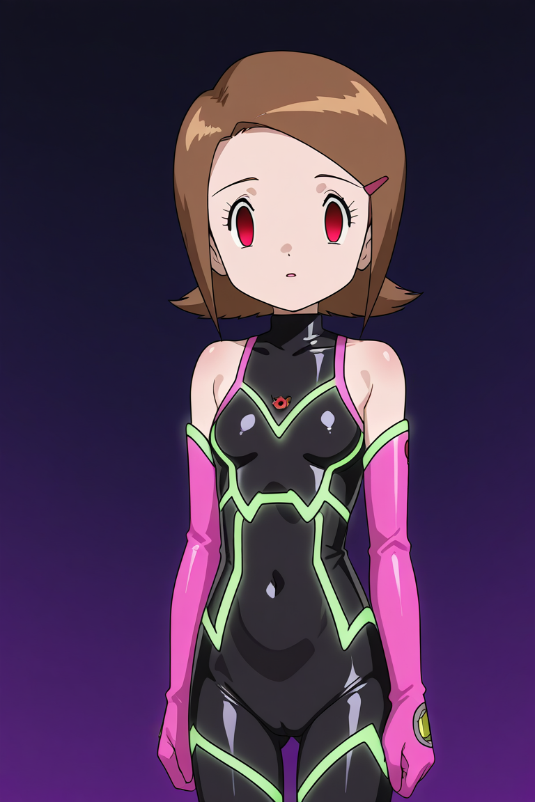 absolute_duo ai_art alternate_costume anonymous828_(generator) bare_shoulders bodysuit breasts brown_hair crossover digimon digimon_adventure_02 empty_eyes expressionless female_only femsub kari_kamiya navel red_eyes short_hair solo standing_at_attention tech_control