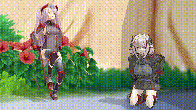 3d airmotor animated animated_gif arm_bands azur_lane black_skirt blonde_hair breasts chicken_dance chicken_pose clothed female_only femsub gloves hair_ornament heavy_eyelids horns long_hair military_uniform mmd multicolored_hair prinz_eugen_(azur_lane) prosthetic_limb red_hair roon_(azur_lane) short_hair sideboob skirt thigh_heels twintails white_hair