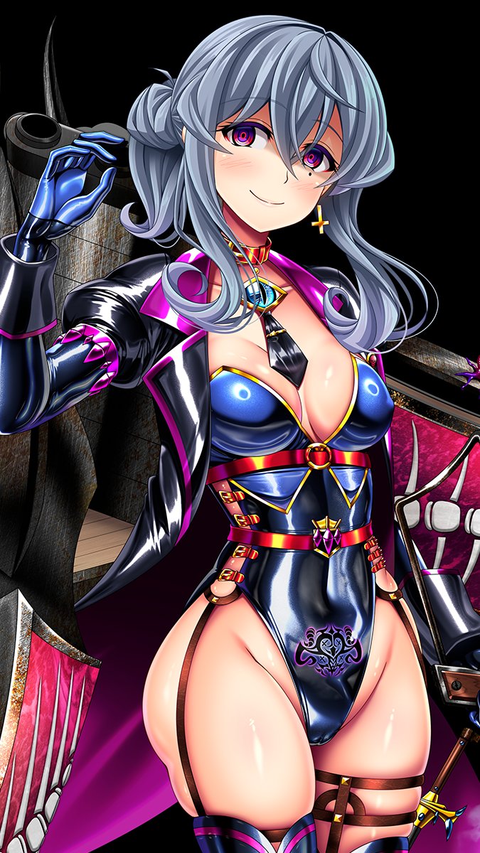 bangs belt blue_eyes blush breasts cameltoe cleavage collar crotch_tattoo cuffs earrings femsub garter garter_straps gloves gotland_(kantai_collection) grey_hair jacket jewelry kantai_collection leotard militia_minpei mole multicolored_eyes opera_gloves pink_eyes smile spiral_eyes thighhighs tie tied_hair wide_hips