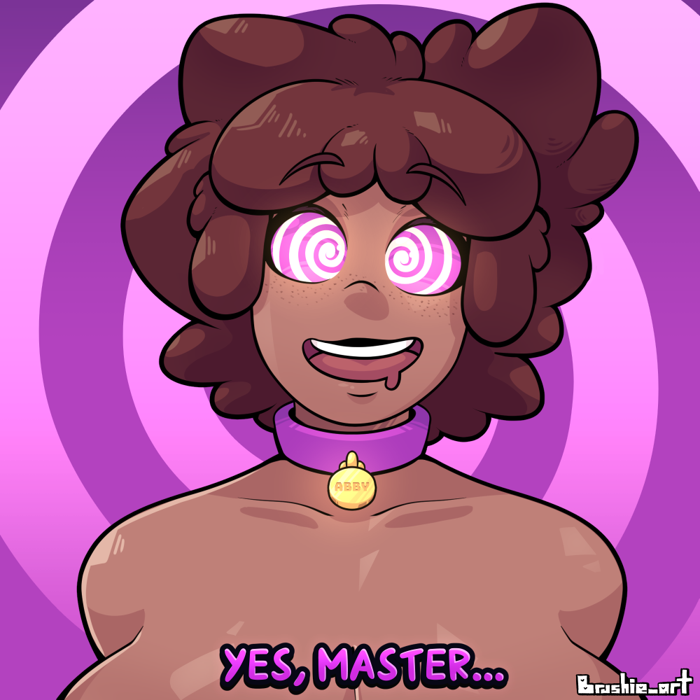 abby_(saunterwing) bare_shoulders brown_hair brushie_art character_request collar collarbone convenient_censoring curly_hair dark_skin dog_tags drool eyebrows_visible_through_hair female_only femsub freckles happy_trance large_breasts lipstick long_hair nude open_mouth pink_eyes purple_background smile solo spiral_background spiralwash_eyes text