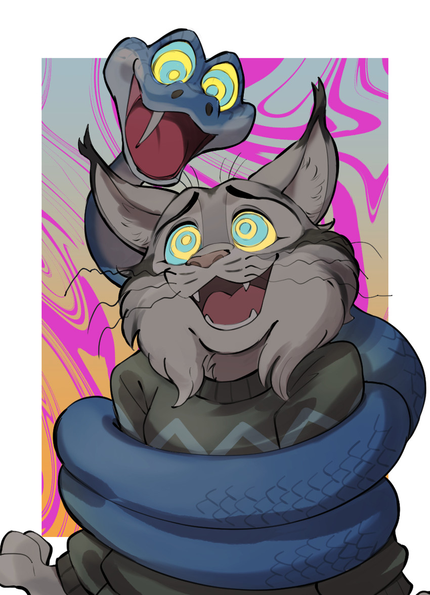 ai_art clothed coils disney fangs furry gary_(zootopia_2) happy_trance hug hypnotic_eyes kaa_eyes lynx_boy male_only maledom malesub open_mouth pawbert_lynxley snake snake_boy zootopia