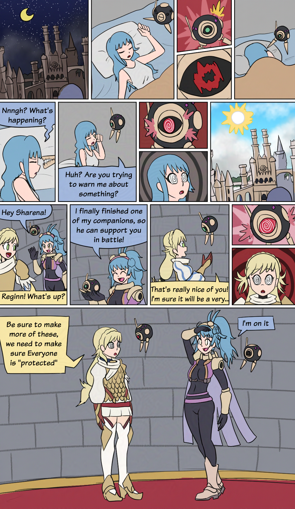 blue_hair comic dialogue female_only femsub fire_emblem fire_emblem_heroes long_hair mythkaz nintendo reginn_(fire_emblem) sharena_(fire_emblem) spiral_eyes symbol_in_eyes tech_control text