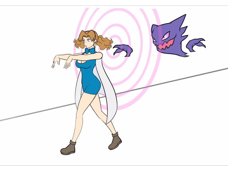 animated animated_gif blonde_hair blue_eyes bow_tie cape cleavage dress empty_eyes evil_smile expressionless eye_roll femsub haunter katsiika molly_hale nintendo open_mouth pokemon spiral white_background zombie_walk