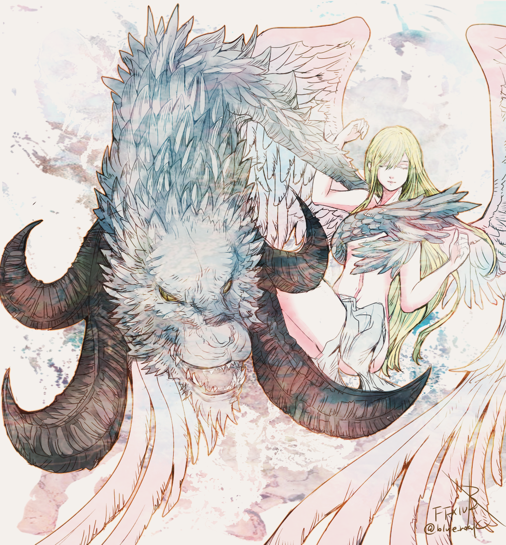 alternate_costume alternate_form alternate_hair_color bare_legs bare_shoulders blonde_hair blue_roak closed_eyes corruption dragon femdom femsub final_fantasy final_fantasy_xiv hair_color_change horns hraesvelgr_(ff14) legs long_hair midriff open_mouth possession ryne shiva_(final_fantasy) square_enix thighs wings yellow_sclera