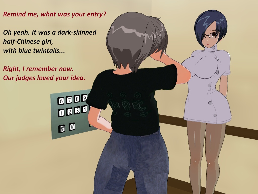 3d black_hair flamekin glasses grey_hair hair_covering_one_eye jeans large_breasts nurse pantyhose shirt short_hair text