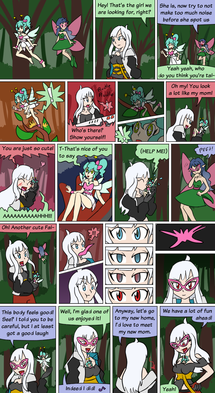 ahoge alternate_costume alternate_form antenna_(biology) bappy_(hypnolandom) bare_legs bare_shoulders blue_eyes blush breasts comic cygames dialogue dragalia_lost empty_eyes english_text fairy female_only femdom femsub glasses gloves green_eyes gun happy_trance heart ilia_(dragalia_lost) kissing large_breasts legs liling_(bluenayru) long_hair mythkaz nintendo open_mouth original outdoors possession red_eyes slime smile speech_bubble symbol_in_eyes text transformation vore weapon white_hair wings yuri