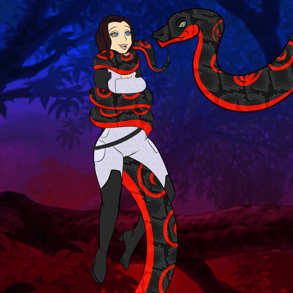 animated animated_eyes_only animated_gif black_hair boots catsuit coils femsub jungle kaa_eyes katsiika mass_effect miranda_lawson open_mouth snake tail