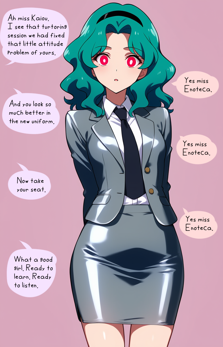 ai_art black_clover blush cx9000_(generator) english_text expressionless eyebrows_visible_through_hair femdom femsub glowing_eyes hair_band hair_ornament pink_background red_eyes sailor_moon_(series) sailor_neptune simple_background skirt speech_bubble suit text tie tight_clothing vanessa_enoteca