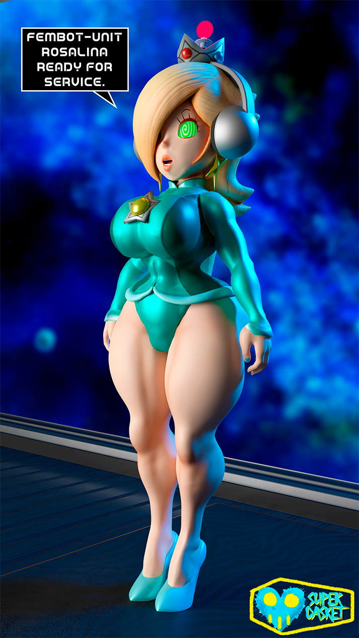 3d antenna bare_legs blender crown dialogue earrings expressionless female_only fembot femsub glowing_eyes green_eyes hair_covering_one_eye headphones high_heels leotard nintendo princess_rosalina signature solo speech_bubble spiralwash_eyes standing standing_at_attention super_mario_bros. super_mario_galaxy supercasket tech_control text