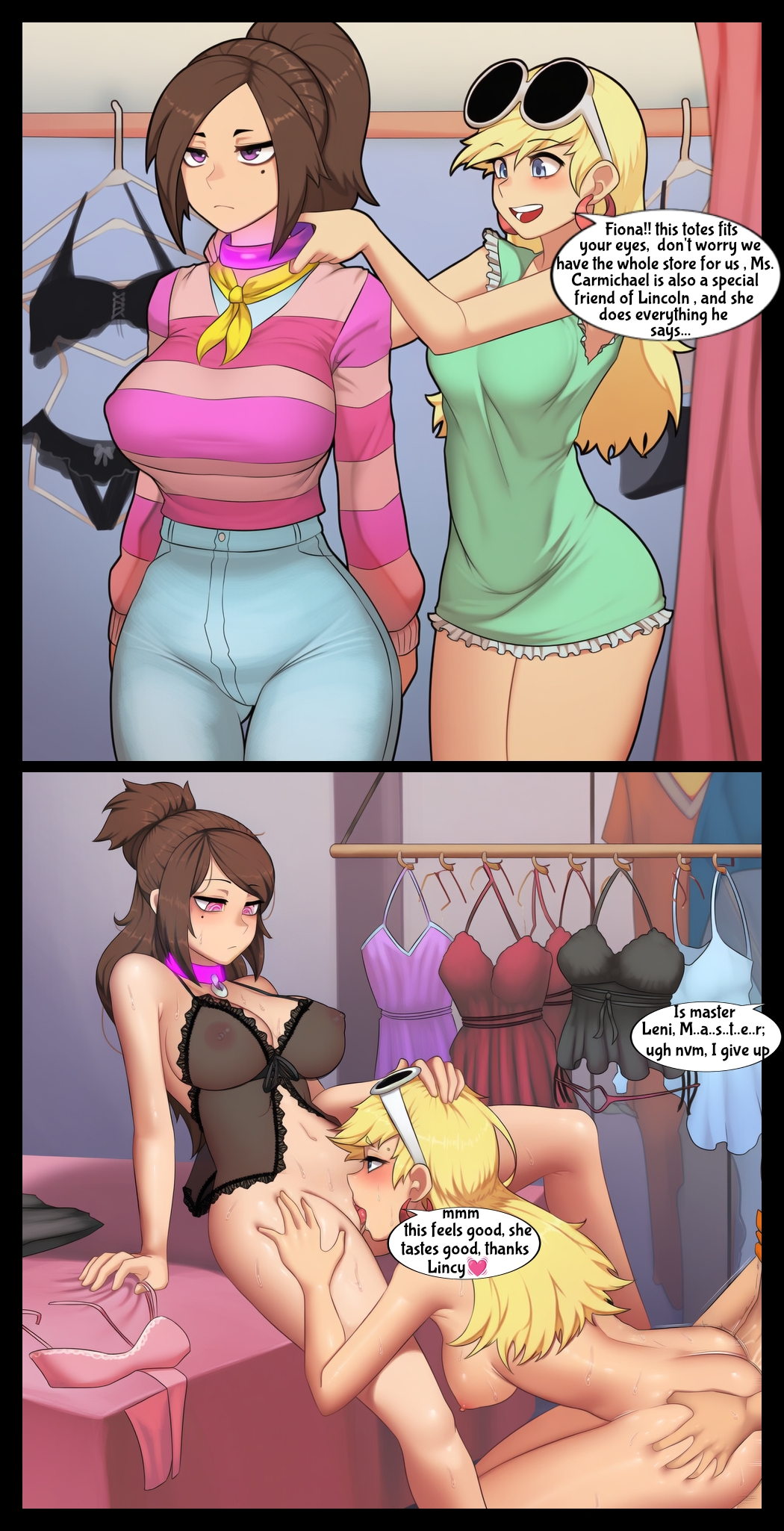 ai_art aware bare_legs before_and_after blonde_hair brother_and_sister brown_hair clothed collar comic cunnilingus exposed_chest expressionless femsub fiona_(loud_house) from_behind glowing_eyes hand_on_head incest instant_loss legs leni_loud lincoln_loud lingerie loud_house love maledom mrchypno_(generator) multiple_girls multiple_subs nickelodeon nude see-through spiral_eyes unaware