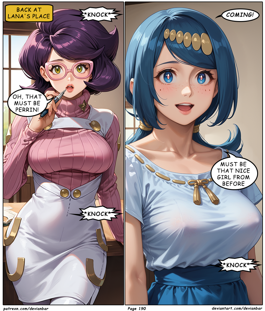 ai_art blue_hair devianbar dialogue glasses lana's_mother large_breasts long_hair nintendo pokemon purple_hair short_hair team_hypno text wicke