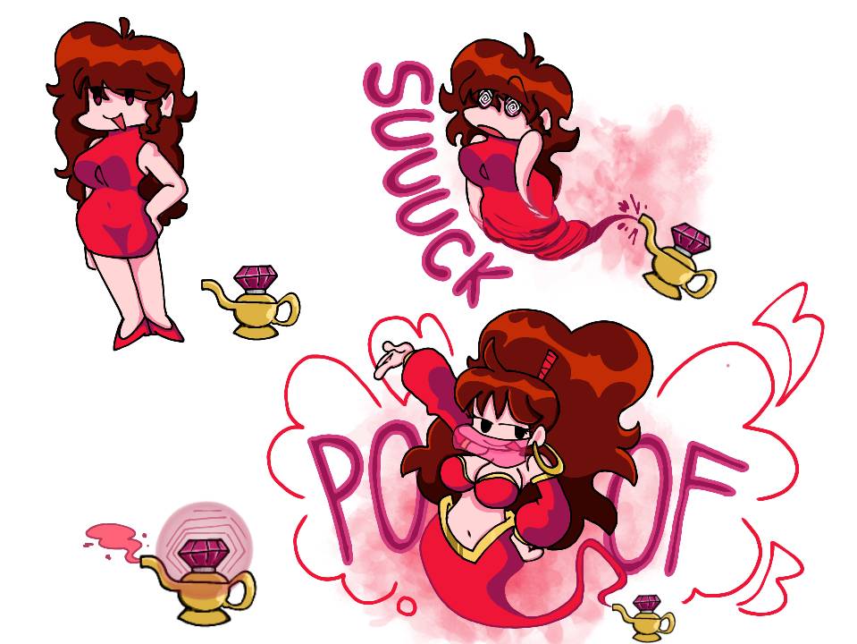 arm_warmers bare_shoulders before_and_after breasts brown_hair cleavage dress earrings english_text eye_color_change female_only femsub friday_night_funkin&#039; genie girlfriend_(friday_night_funkin&#039;) hair_growth hand_on_hip harem_outfit high_heels hypnotic_accessory jewelry large_breasts long_hair looking_at_viewer midriff navel open_mouth ponytail red_dress ringtailedhero see-through simple_background smirk smoke solo spiral_eyes spiralwash_eyes text tongue tongue_out transformation veil white_background wide_hips