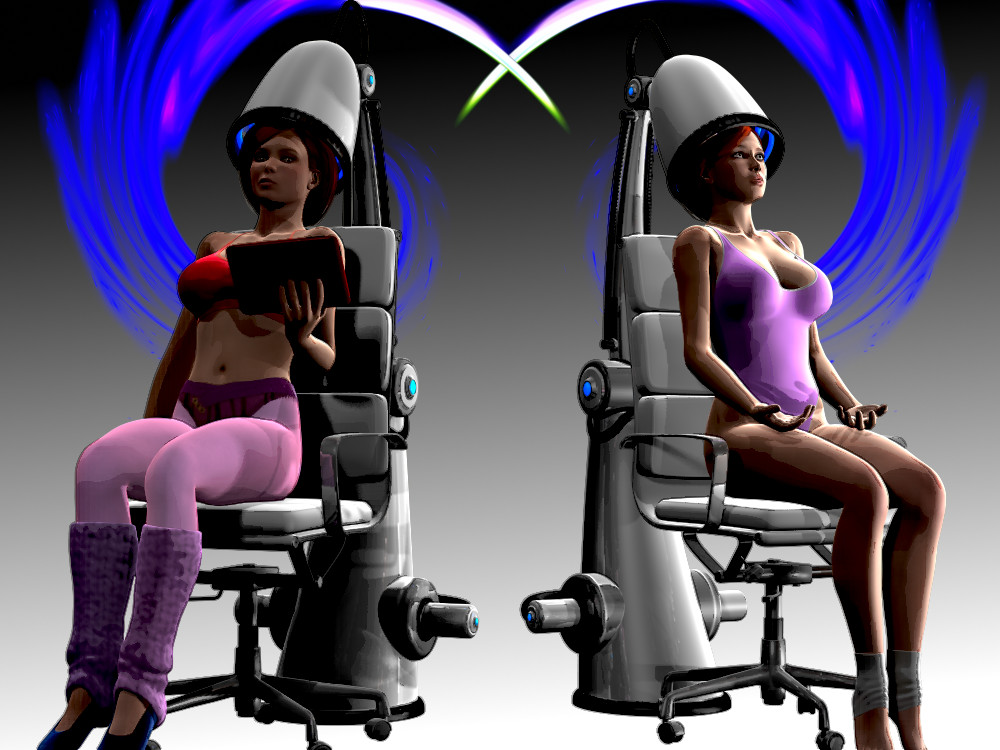 3d bare_shoulders barefoot before_and_after breasts chair cleavage corruption daz_studio dryer_chair expressionless eye_roll female_only femsub gradient_background grey_background helmet large_breasts leotard navel original pantyhose shoes simple_background sitting smile socks solo swimsuit tech_control underwear vice63