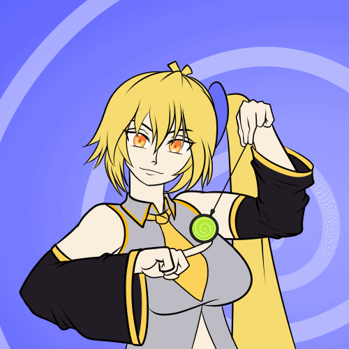 animated_gif blonde_hair clothed female_only femdom katsiika midriff neru_akita pendulum ponytail pov_sub smile spiral_background tank_top tie vocaloid