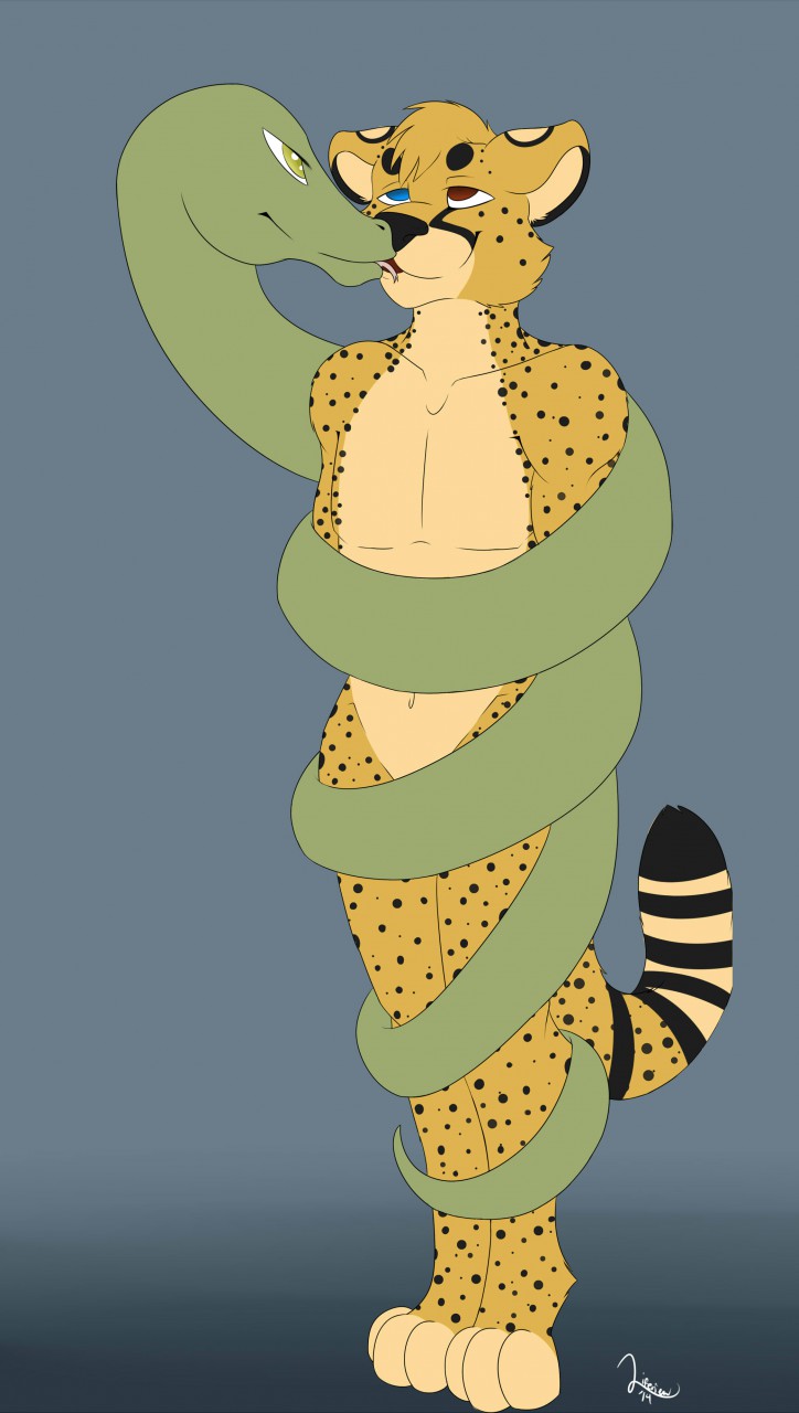 blonde_hair bottomless cheetah_boy coils empty_eyes french_kiss furry happy_trance heterochromia kissing liferien male_only malesub non-human_feet nude original paws short_hair snake tongue tongue_out topless