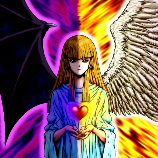 angel angel_girl blonde_hair card change_of_heart corruption demon demon_girl dress evil_smile female_only femdom femsub glowing heart hime_cut long_hair official purification smile solo wings yu-gi-oh!