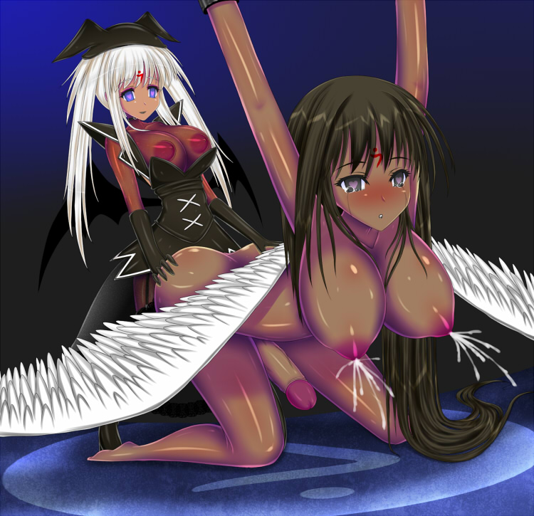 black_hair blush bondage bottomless breasts corruption dark_skin dazed empty_eyes futa_with_futa futadom futanari futasub gloves happy_trance heart heart_eyes lactation large_breasts long_hair mabinogi magic morrighan_(mabinogi) nao_mariota_pryderi nude open_clothes penis sex silver_hair symbol_in_eyes tears tongue tongue_out topless transformation twintails wings