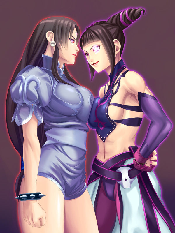 black_hair breasts brown_hair capcom chun-li edexigerero female_only femsub glowing glowing_eyes hypnotic_accessory juri_han large_breasts long_hair microchip red_eyes street_fighter street_fighter_ii_v tech_control