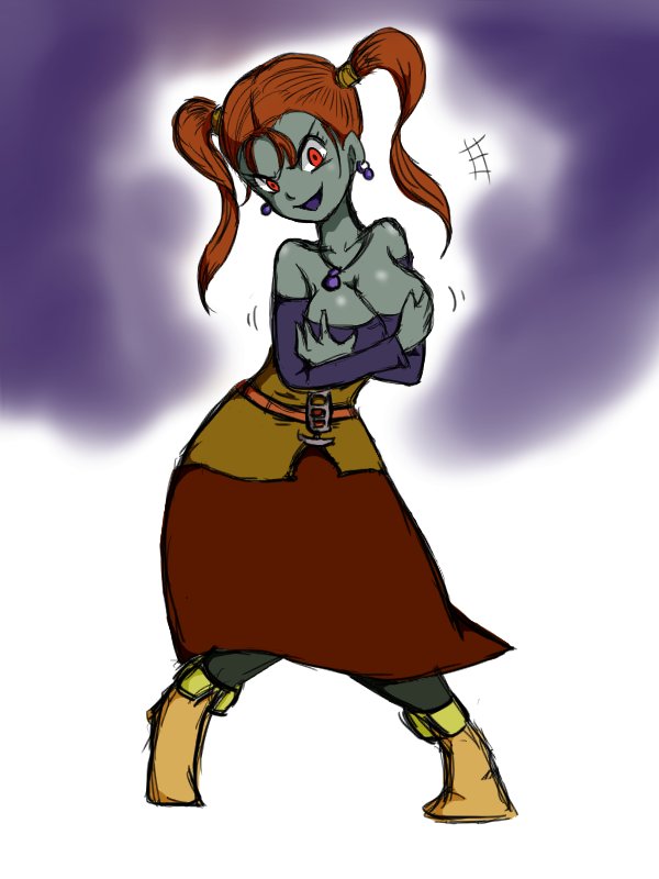 alternate_color_scheme aura blue_skin breast_fondling breasts cleavage clothed corruption dragon_quest_(series) dragon_quest_viii earrings evil_smile eye_color_change femsub happy_trance holding_breasts jessica_albert kuraimu large_breasts looking_at_viewer maledom orange_hair possession red_eyes rhapthorne smile square_enix standing twintails