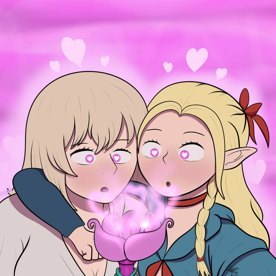 blonde_hair blush braid cape cleavage clothed collar delicious_in_dungeon elf elf_ears falin_touden femsub flower heart_eyes hypnovember long_hair m00n_key marcille_donato multiple_girls open_mouth pink_hair