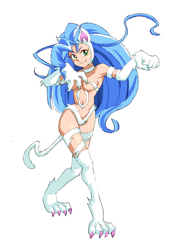 aware blue_hair blush body_control breasts capcom cat_ears cat_girl cat_tail claws cleavage crossed_legs dancing darkstalkers fangs felicia_(darkstalkers) female_only femsub green_eyes happy_trance large_breasts long_hair midriff navel onnaski project_x_zone solo tail white_background