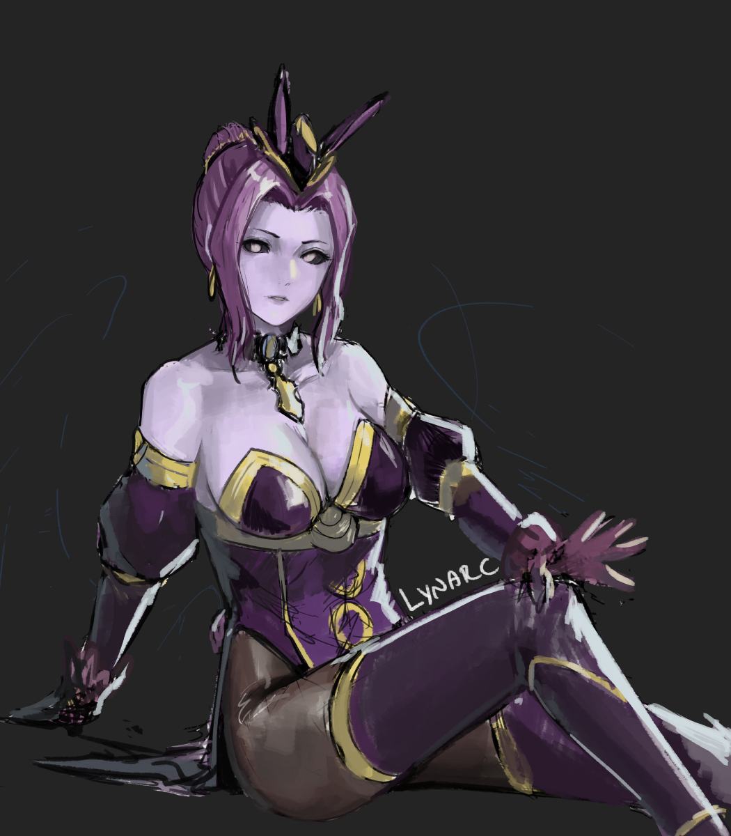 bare_shoulders black_sclera bunny_ears bunny_girl bunnysuit cape cleavage collar collarbone corruption fake_animal_ears female_only femsub fire_emblem fire_emblem_echoes gloves grey_background hair_buns jewelry looking_at_viewer lynarc marla_(fire_emblem) nintendo opera_gloves purple_skin see-through simple_background sitting solo tagme thighhighs witch witch_(fire_emblem)