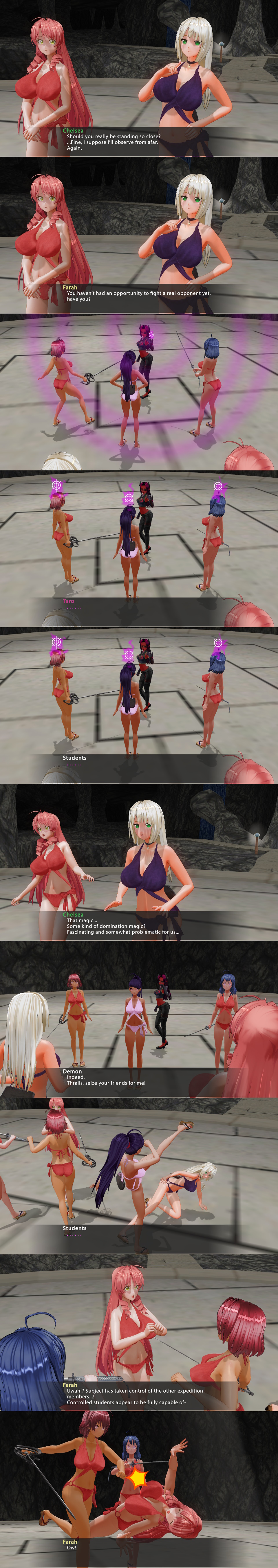 3d altered_common_sense altered_perception chelsea_(mc_trap_town) comic custom_maid_3d_2 demon_girl dialogue english_text expressionless farah_(mc_trap_town) female_only femdom femsub instant_loss kamen_writer_mc mc_trap_town screenshot standing_at_attention tech_control text unaware xlmpth