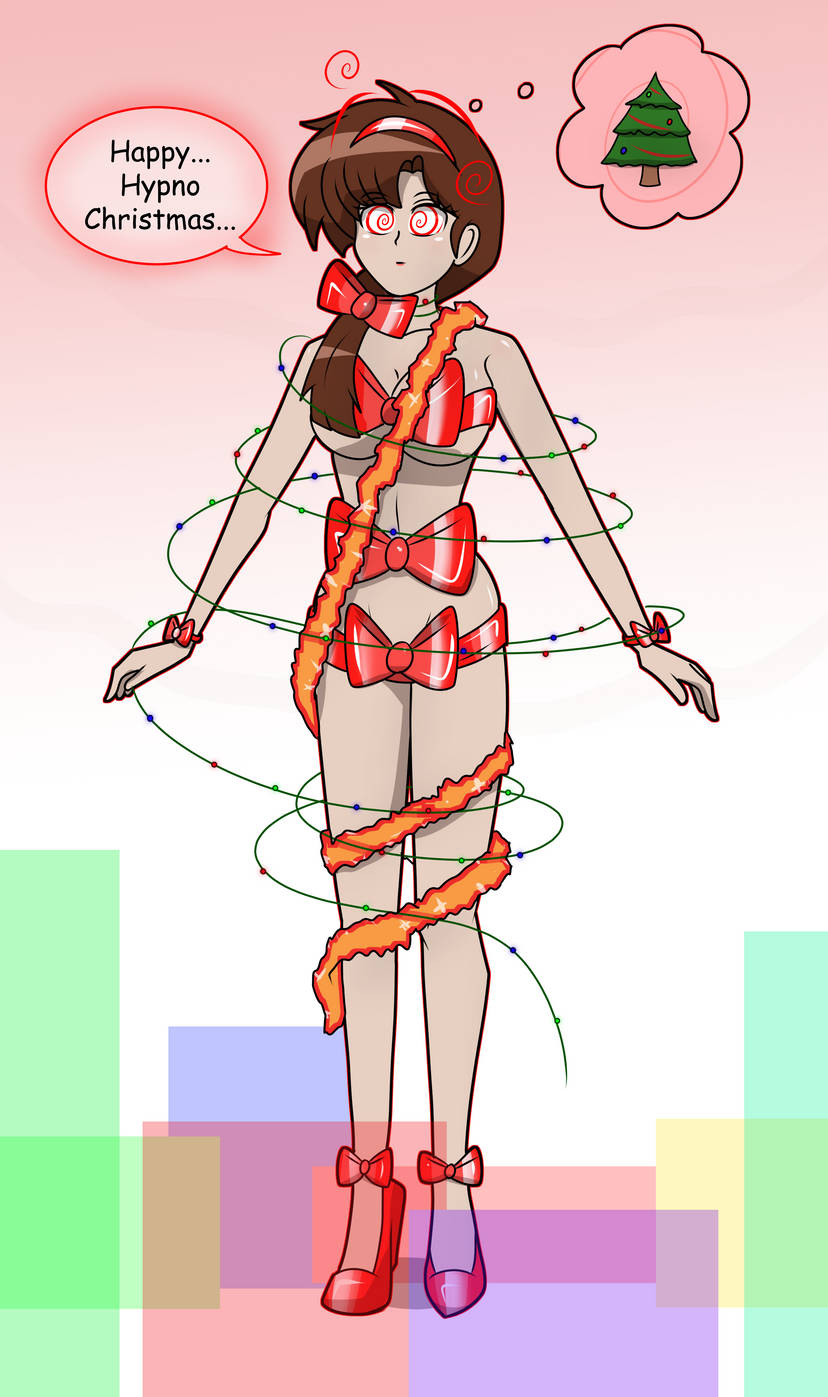 altered_common_sense bangs bow brown_hair christmas christmas_tree cleavage collarbone english_text expressionless female_only femsub headband high_heels human_furniture hy2300 kasumi_tendo lipstick navel nude ranma_1/2 ribbon speech_bubble spiral_eyes standing text underboob