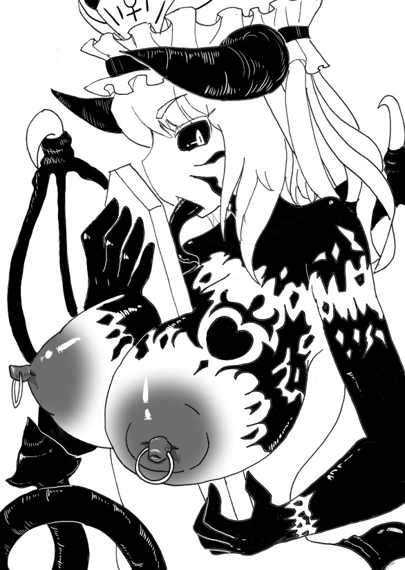 black_sclera breasts corruption demon demon_girl eiki_shiki_yamaxanadu erect_nipples female_only horns huge_breasts licking long_tongue nipple_piercing nipples piercing pluspulse slit_pupils succubus sword tail touhou transformation wings